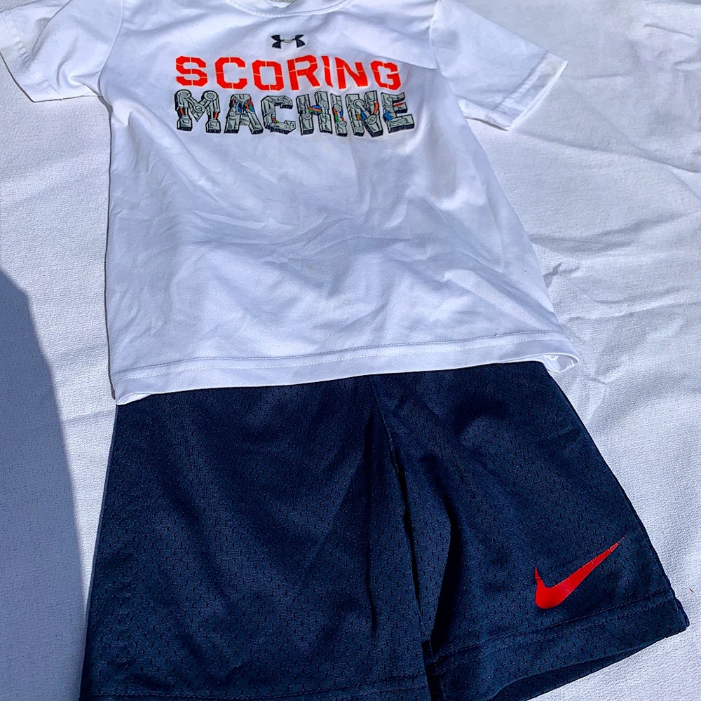 Multi-brand t-shirt and shorts combo.